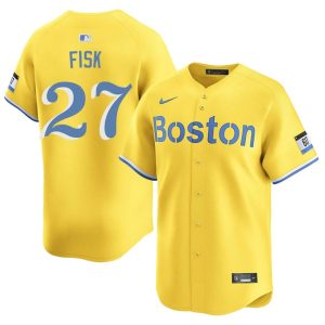#27 Carlton Fisk The Crimson Men's Baseball Game Jerseys - Gold