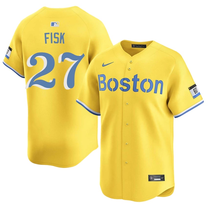#27 Carlton Fisk The Crimson Men's Baseball Game Jerseys - Gold